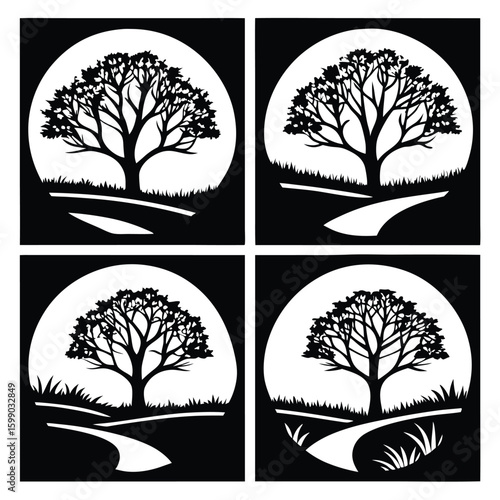 Four black and white stencil style trees with paths and grass nature landscape