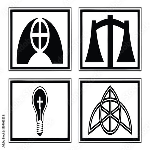 Four black religious and symbolic graphic designs on white background cross globe