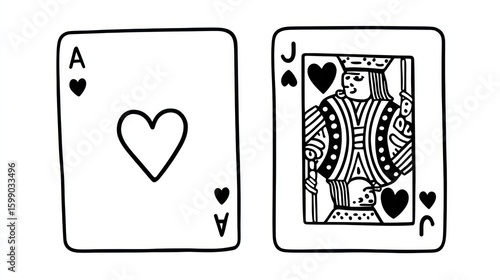 Two cartoon playing cards Ace of Hearts and Jack of Hearts, black lines on white