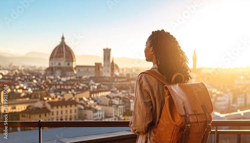 Woman enjoying panoramic rooftop view of Florence Italy cityscape at sunset golden light brown leather backpack