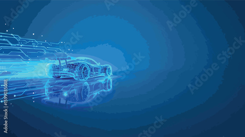 Futuristic blue car outline with electronic circuitry represents speed and technological innovation.