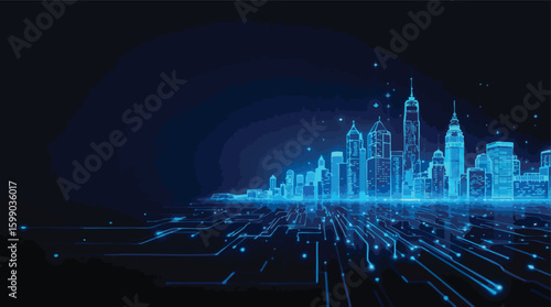 Futuristic cityscape illustration depicting digital transformation and modern technological advancement.