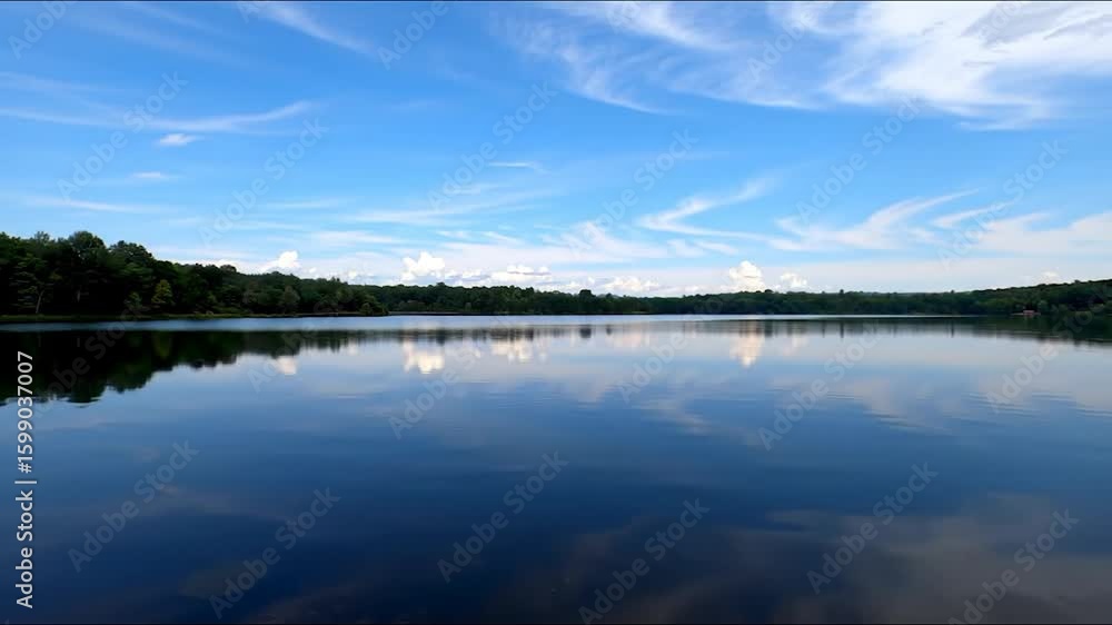 Serene lake reflection shows sky, trees. Use travel. Background clear sky, scattered clouds Serene lake reflection shows sky, trees. Use travel. Background clear sky, scattered clouds