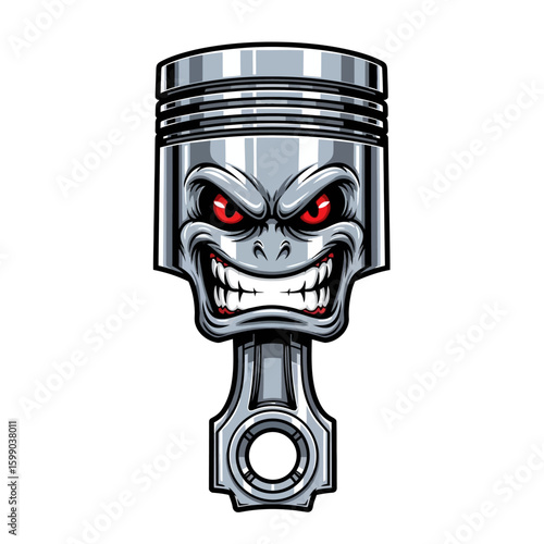 Cartoon illustration of a piston with an angry face, menacing red eyes, and sharp teeth, isolated on a white background.