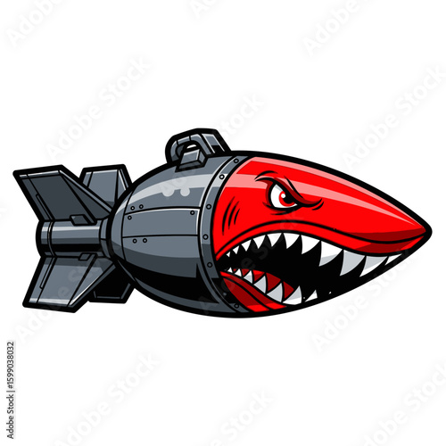 Cartoon depiction of a bomb with a menacing shark face and sharp teeth.