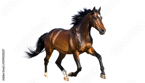 A chestnut horse in full stride isolated on a transparent background.
