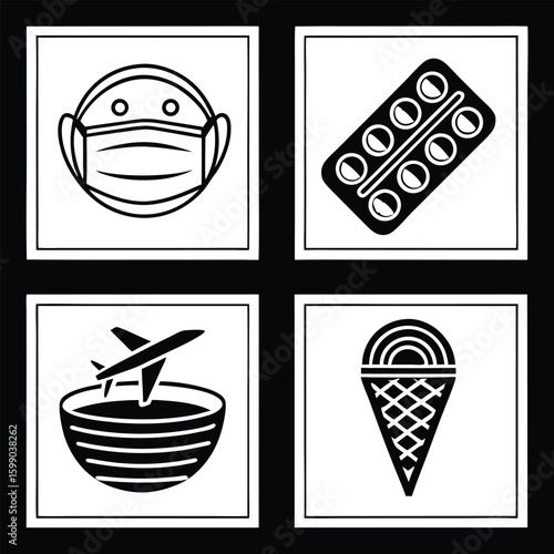 Four black and white icons medical mask pills airplane ice cream cone face mask medicine