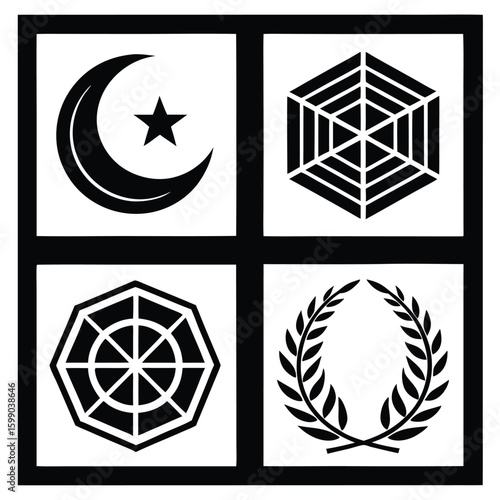 Four black graphic symbols on white background including crescent moon star Islamic symbol