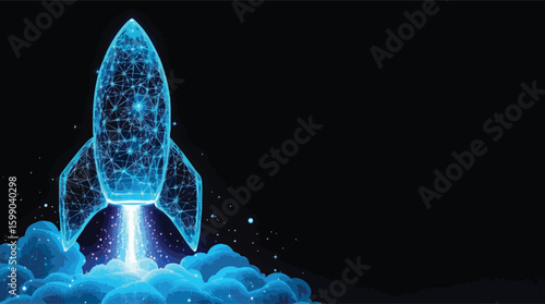 Futuristic low poly rocket launching into space with smoke and clouds on black background.