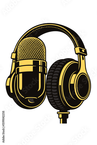 Vector illustration of studio microphone with headphones in black and gold colors, flat style, music and podcast concept