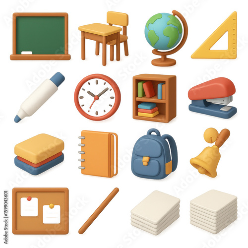 Education 3d icon set. includes chalkboard, chair, globe, ruler, clock, books, stapler, backpack, bell.