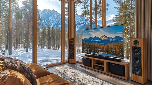 A modern living room with panoramic mountain views.