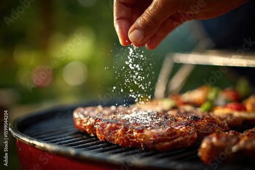 Close up of a hand sprinkling salt on a piece of meat grilling on a barbecue, with a blurred green background