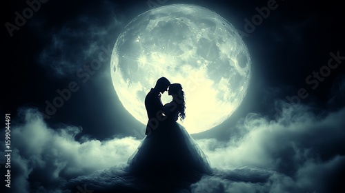 Silhouette of a loving couple under a full moon.