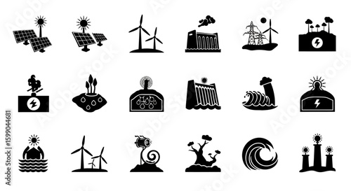Vector Icons Set of A collection of black silhouette icons representing various renewable and alternative energy sources This set includes solar wind hydro geothermal and tidal pow. EPS Editable