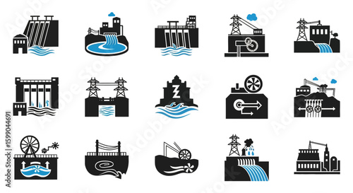 Vector Icons Set of A collection of black and blue silhouette icons depicting hydroelectric power plants dams and renewable water energy generation. EPS Editable