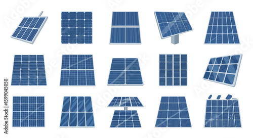 Vector Icons Set of A diverse collection of cartoonstyle solar panels and photovoltaic modules for renewable green energy. EPS Editable