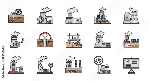 Vector Icons Set of A diverse collection of colored line art icons depicting industrial factories power plants and energy generation processes. EPS Editable