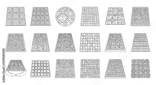 Vector Icons Set of A diverse collection of compartmentalized food trays and platters illustrated in a clean black and white outline style. EPS Editable