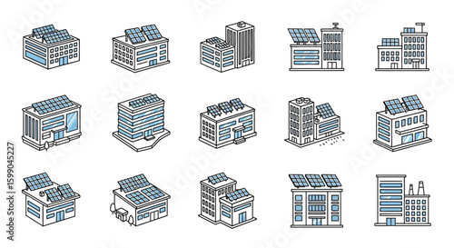 Vector Icons Set of A diverse set of modern building icons with rooftop solar panels illustrated in a clean isometric line art style with blue accents. EPS Editable
