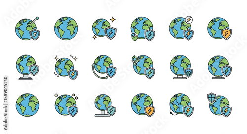 Vector Icons Set of A set of colored line art icons depicting planet Earth with protection shields lightning bolts and other symbols illustrating concepts of global energy and envi. EPS Editable