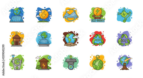 Vector Icons Set of A vibrant collection of cartoonstyle icons illustrating ecofriendly concepts renewable energy and environmental sustainability. EPS Editable