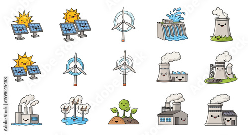 Vector Icons Set of Collection of Cute Kawaii Energy Icons Solar Wind Nuclear and Hydro Power Plants with Smiling Faces. EPS Editable