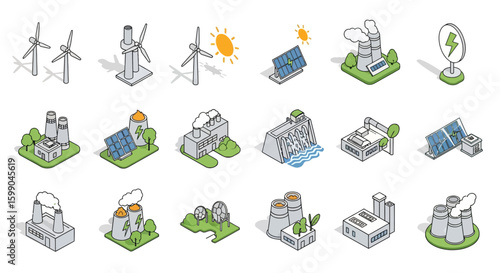 Vector Icons Set of Collection of isometric icons showing various energy sources including wind turbines solar panels hydroelectric dams and industrial power plants. EPS Editable
