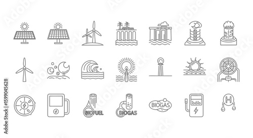 Vector Icons Set of Collection of renewable energy line icons including solar panels wind turbines hydroelectric dams and biofuel symbols. EPS Editable