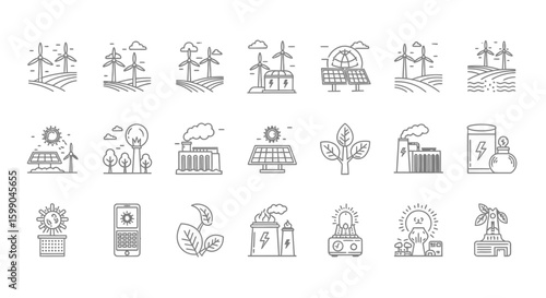 Vector Icons Set of Collection of renewable energy line icons Set includes wind turbines solar panels hydroelectric dams and ecofriendly power generation symbols. EPS Editable