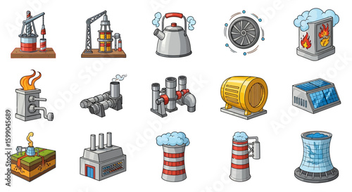 Vector Icons Set of Colorful cartoon icon set illustrating energy production industrial plants and power generation machinery. EPS Editable