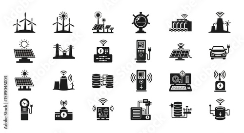 Vector Icons Set of Flat black glyph icon set for renewable energy and smart grid technology including solar wind and EV charging. EPS Editable