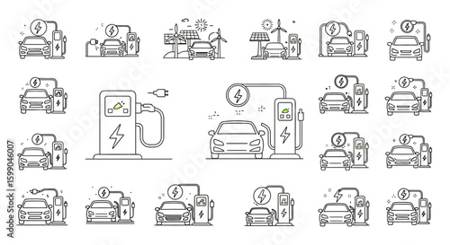 Vector Icons Set of Electric vehicle charging station icon set Minimalist black line art symbols for EV power and ecofriendly transportation. EPS Editable