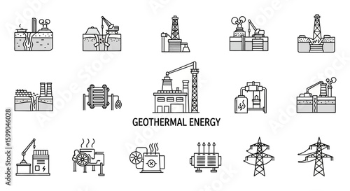 Vector Icons Set of Geothermal Energy Production Line Icons Set Illustrating Power Plant Stages and Equipment. EPS Editable