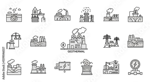 Vector Icons Set of Geothermal energy and power generation icon set Minimalist line art illustrations of earth heat plants and electricity. EPS Editable