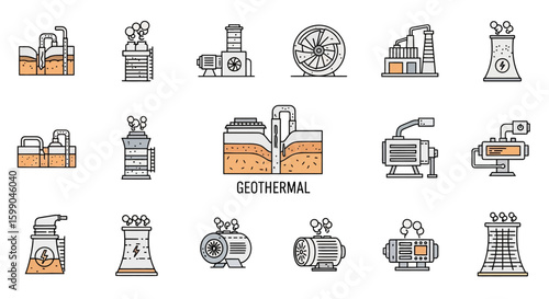 Vector Icons Set of Geothermal energy and power station icon set Colorful line art illustrations of turbines cooling towers and industrial equipment. EPS Editable