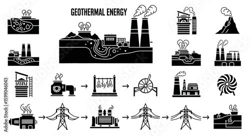 Vector Icons Set of Geothermal energy production process illustrated with a set of black silhouette icons pictograms and glyphs. EPS Editable