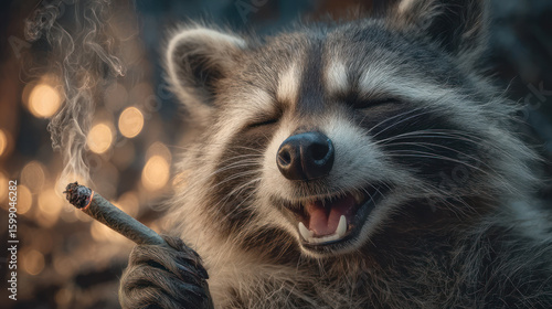 Smiling raccoon is smoking marijuana reefer