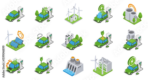 Vector Icons Set of Isometric icon set of green electric cars charging stations and various renewable energy sources like solar wind and hydro power. EPS Editable