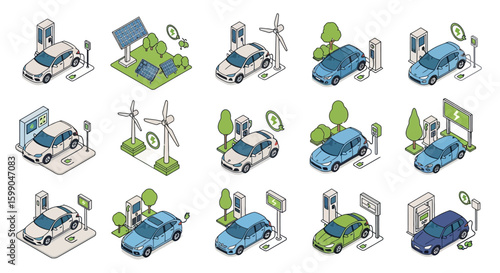 Vector Icons Set of Isometric illustration set of electric vehicles at charging stations powered by renewable solar and wind energy. EPS Editable