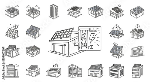 Vector Icons Set of Isometric line art icon set of buildings with rooftop solar panels illustrating sustainable energy generation and power grid connection. EPS Editable