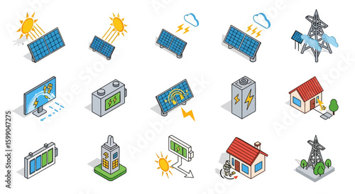 Vector Icons Set of Isometric solar energy icons set illustrating power generation storage and consumption. EPS Editable