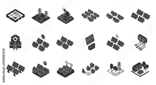 Vector Icons Set of Isometric solar energy icon set with black glyph symbols for photovoltaic panels power stations electricity grids and renewable technology. EPS Editable