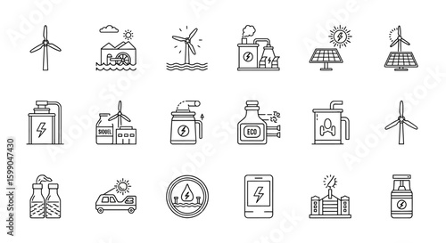 Vector Icons Set of Minimalist Black Outline Icons for Green Energy Power Generation and Ecology Concepts. EPS Editable