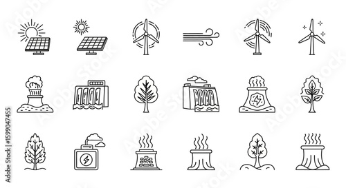 Vector Icons Set of Minimalist line art icon set of various energy sources like solar wind hydro and geothermal power. EPS Editable