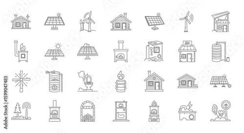 Vector Icons Set of Monochrome line art icon set for offgrid living renewable energy and sustainable housing. EPS Editable