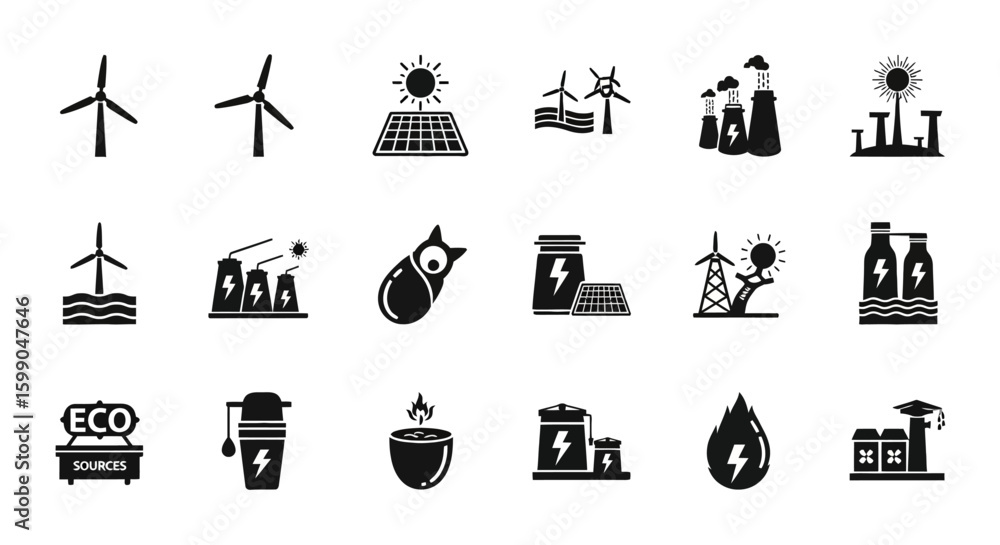 Vector Icons Set of Set of black glyph icons representing various energy sources and ecological concepts. EPS Editable Vector Icons Set of Set of black glyph icons representing various energy sources and ecological concepts. EPS Editable