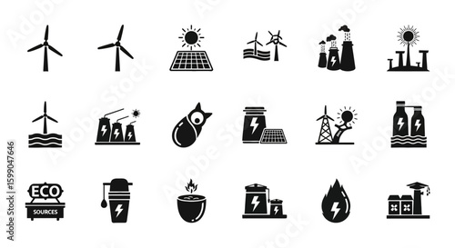 Vector Icons Set of Set of black glyph icons representing various energy sources and ecological concepts. EPS Editable