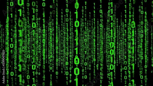 Green binary code falling down over a dark background.