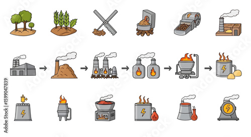 Vector Icons Set of Set of colorful cartoon icons illustrating industrial processes biomass energy production and manufacturing stages. EPS Editable